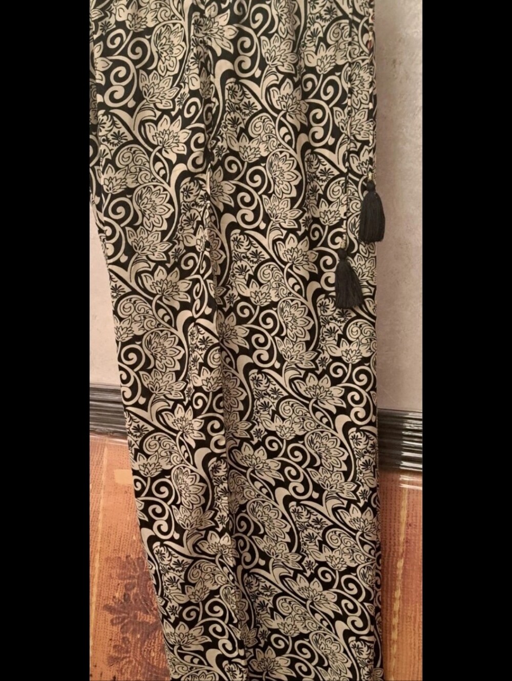 Chelsea & Theadore Black and Cream Floral Scroll Womens Petite Pant with Tassels